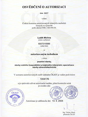 Certifikát ČKAIT - osvědčení o autorizaci pro pozemní stavby, stavby vodního hopspodářství a krajinného inženýrství, specializace stavby zdravotně technické